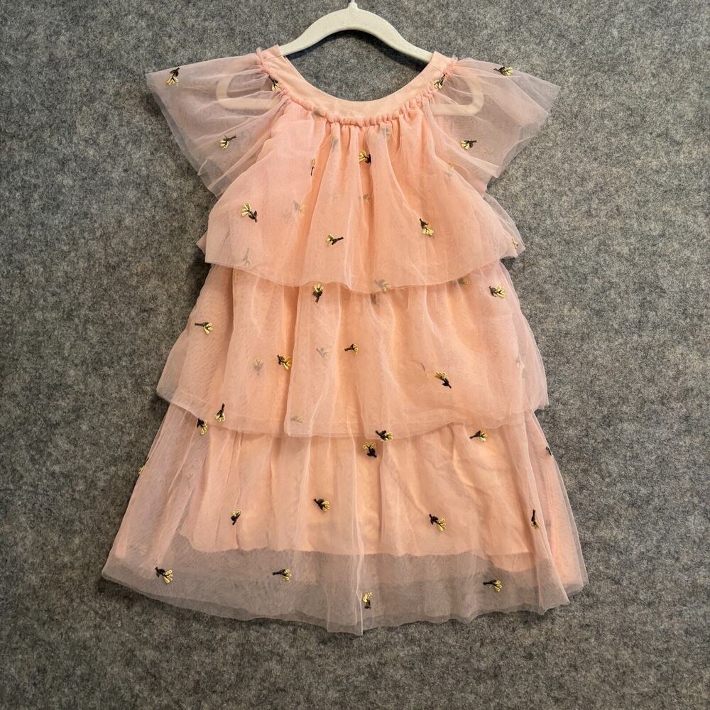 Zara Dress Girls 5 6 Pink Chiffon Tiered Dressy Cap Sleeve Embroidered Floral